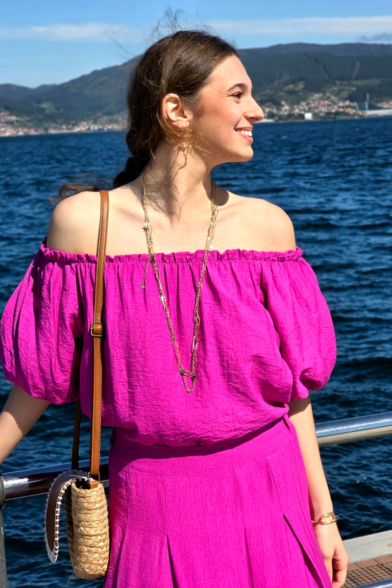 Blusa Manga Globo Palabra de Honor Magenta