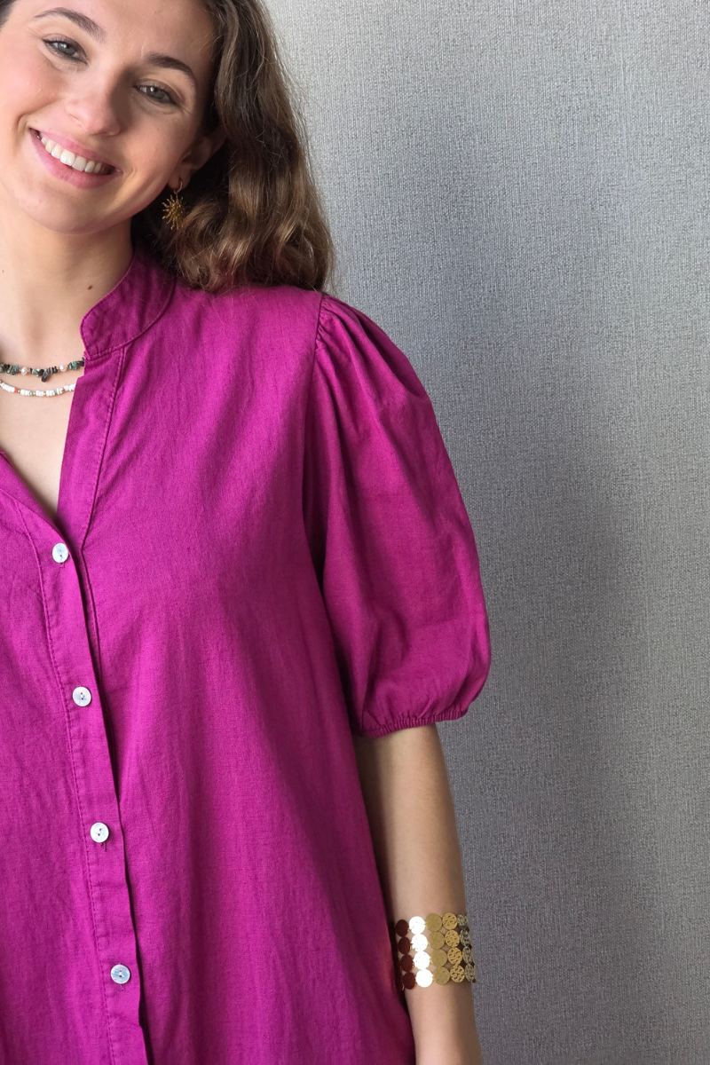Vestido botones tipo lino magenta