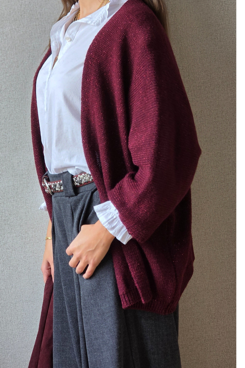 Chaqueta de punto tipo kimono brillos burdeos
