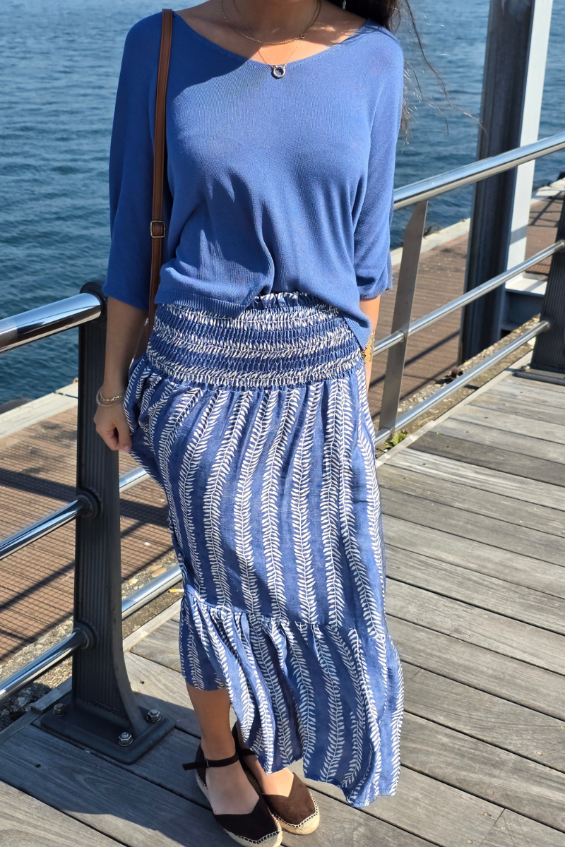 Falda Larga Estampado de Hojas Azul Jeans