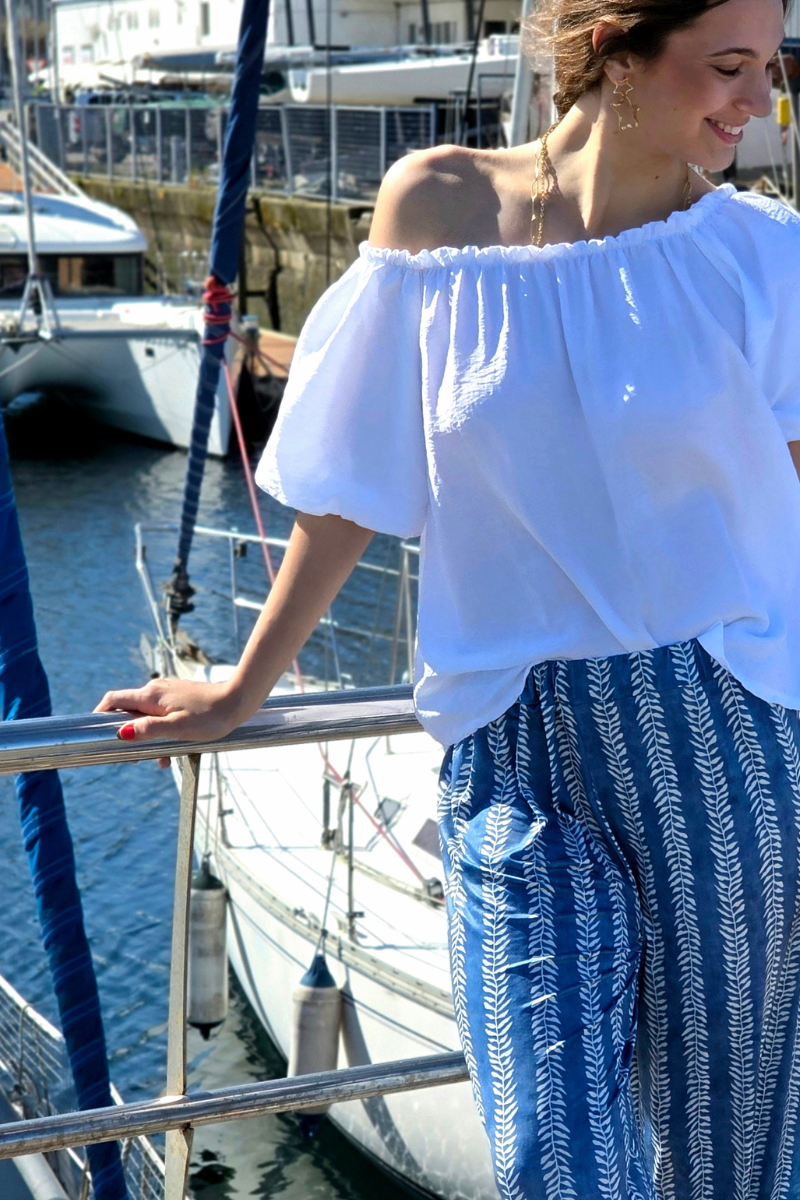 Pantalón Elástico Estampado Hojas Azul Jeans
