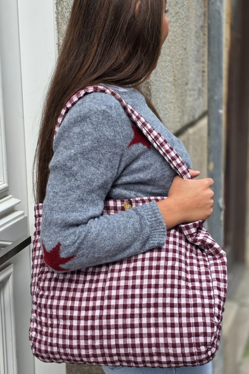 Bolsa acolchada de cuadros de vichy burdeos