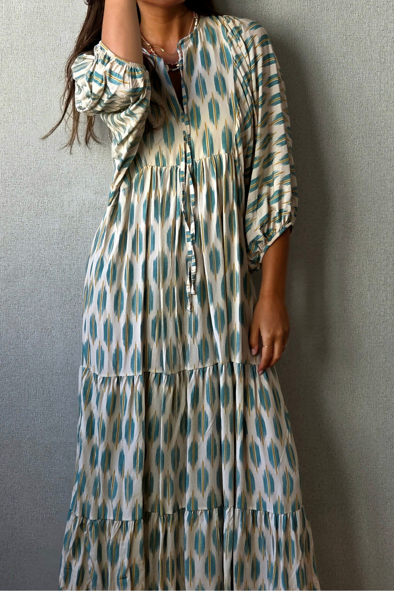 Vestido Mangas Abullonadas Estampado Verde Agua