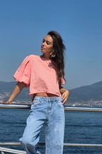 Blusa Manga Globo Cuadro Vichy Coral