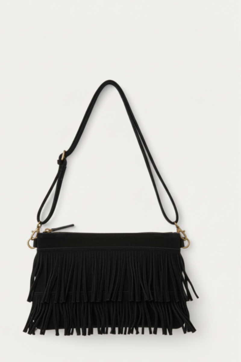 Bolso sobre de ante con flecos negro