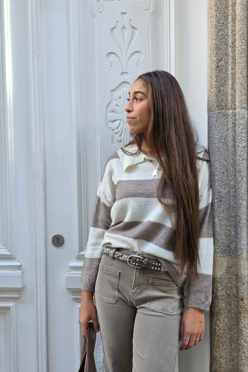 Jersey de rayas con cuello camisero topo