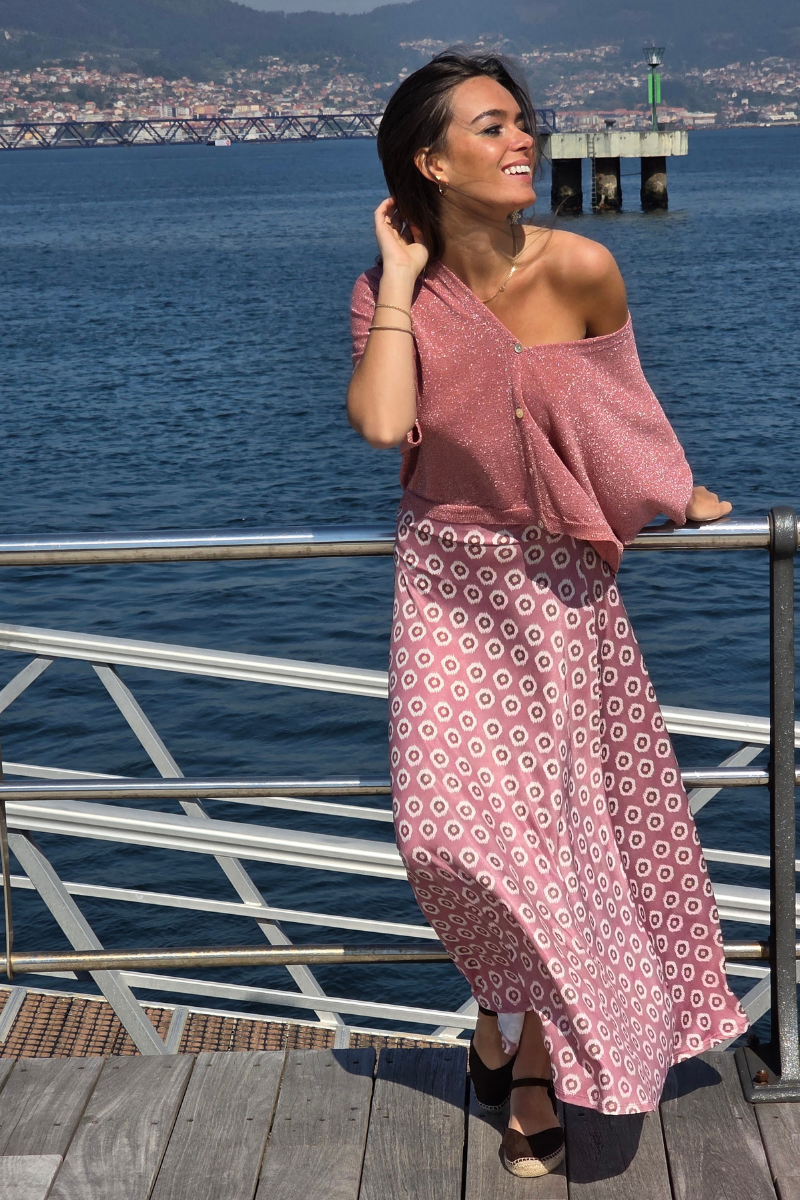 Falda Larga Estampado Célula Rosa