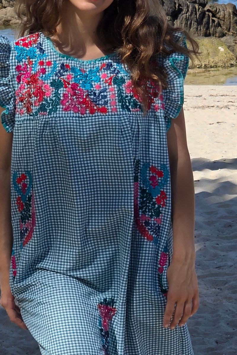 Vestido mexicano cuadro vichy verde mint