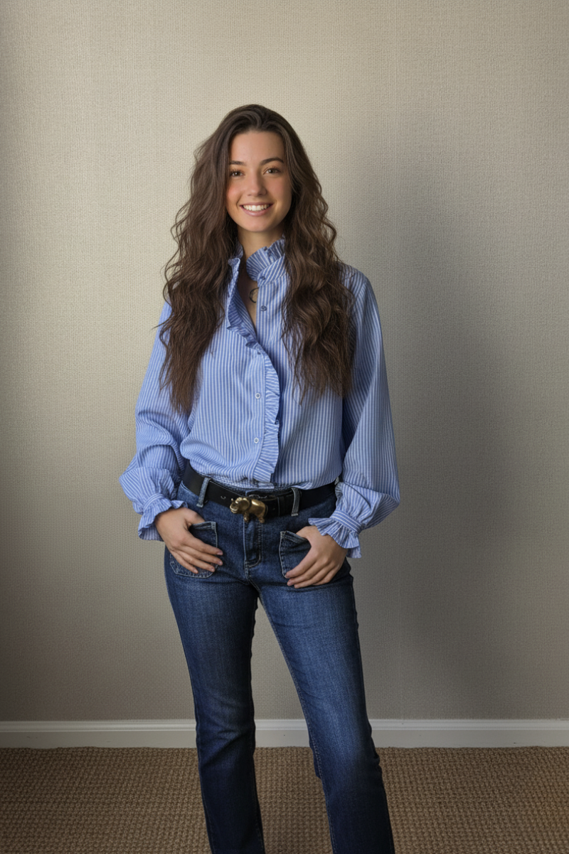 Blusa de rayas con volante azul