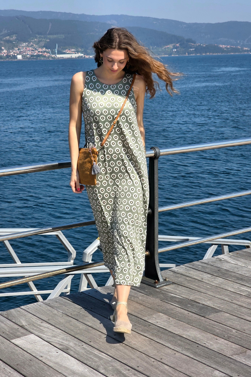 Vestido Largo Estampado Célula Caqui elástico