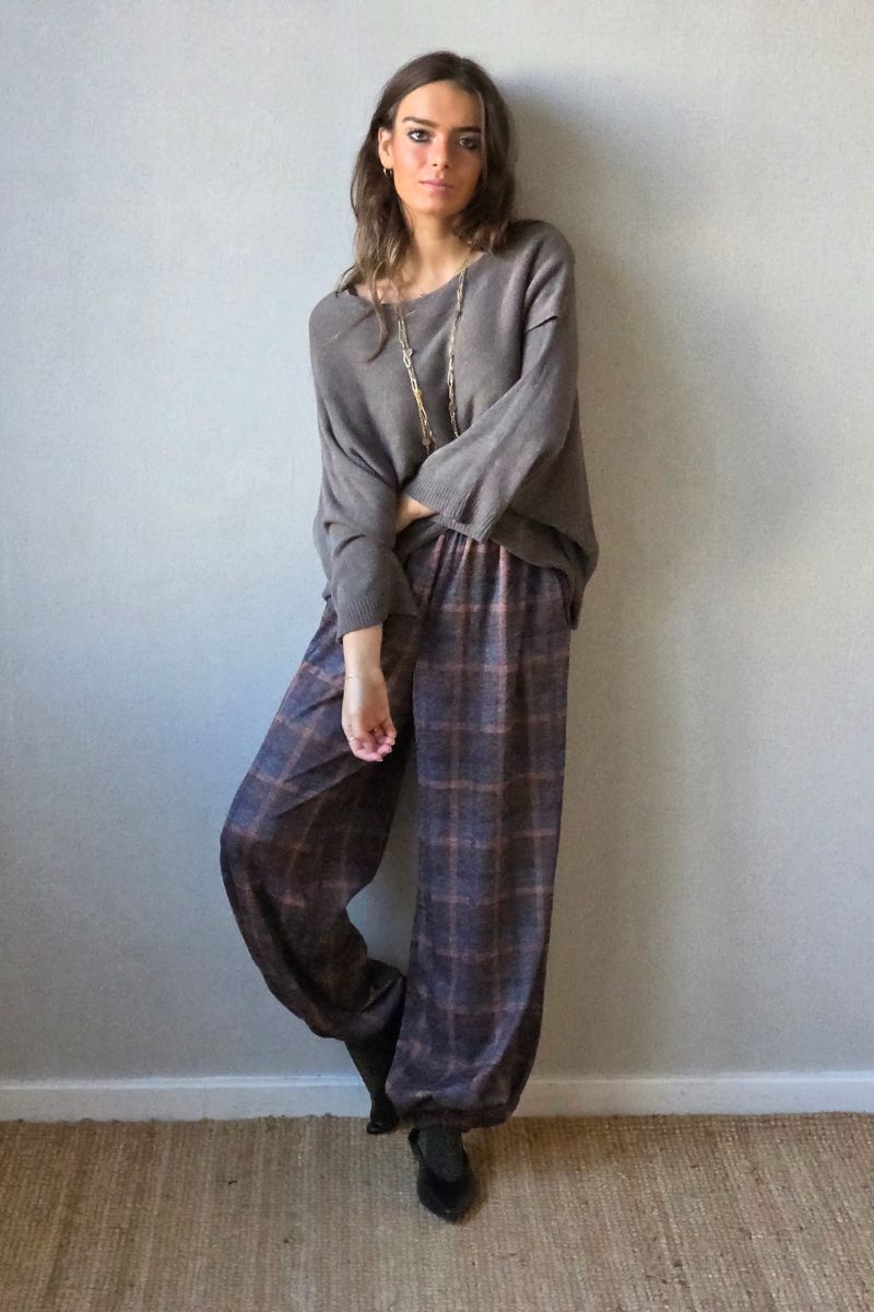 Pantalón bombacho de cuadros grande teja