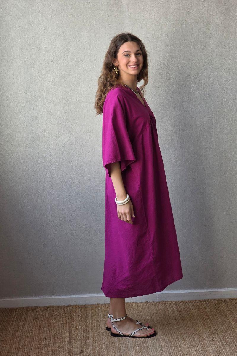 Vestido largo de lino y algodón magenta