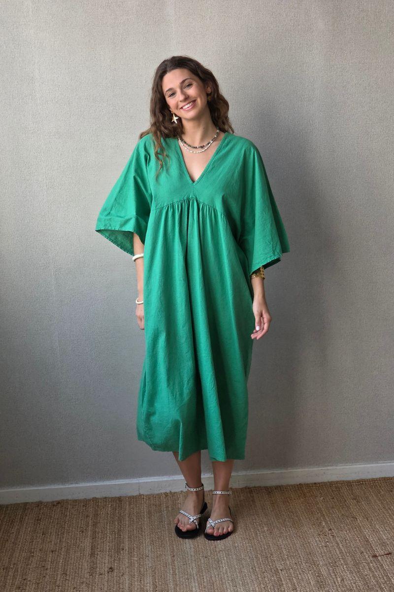 Vestido largo de lino y algodón verde