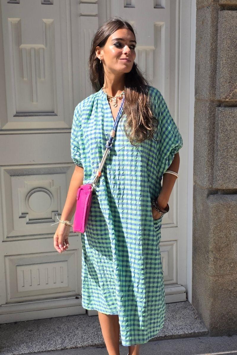 Vestido cuello pico de cuadros verde