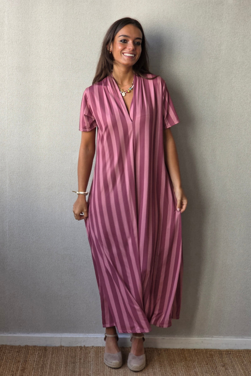 Vestido rayas manga corta no se arruga rosa cebolla