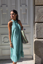 Vestido cuello halter de cuadros verde