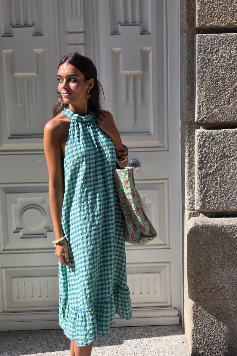 Vestido cuello halter de cuadros verde