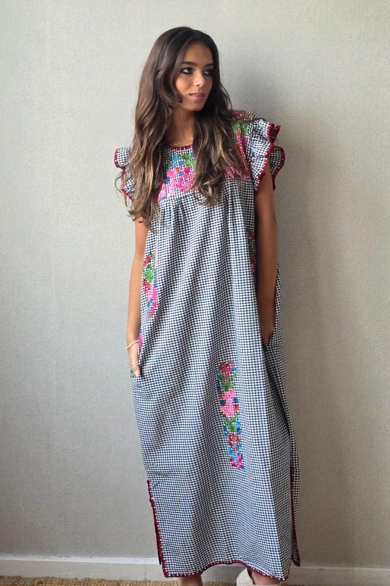 Vestido mexicano cuadro vichy negro