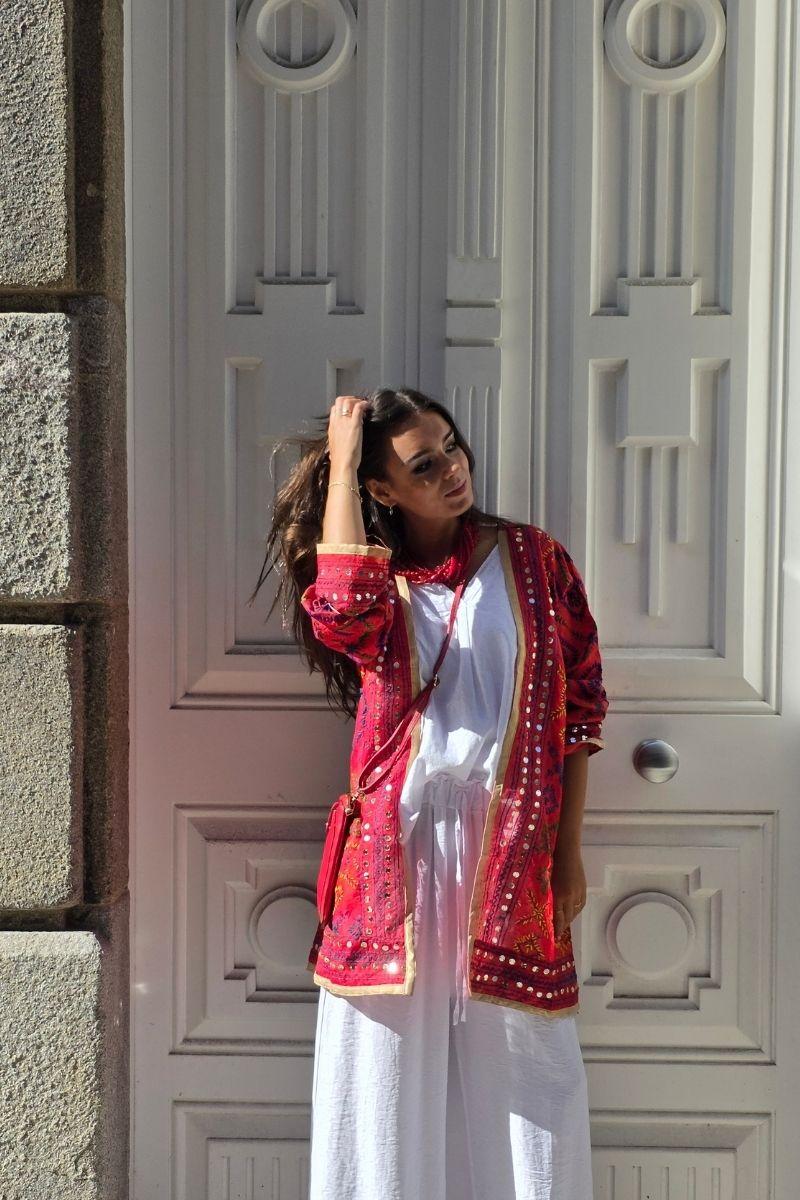 Kimono de telas indias bordado rojo