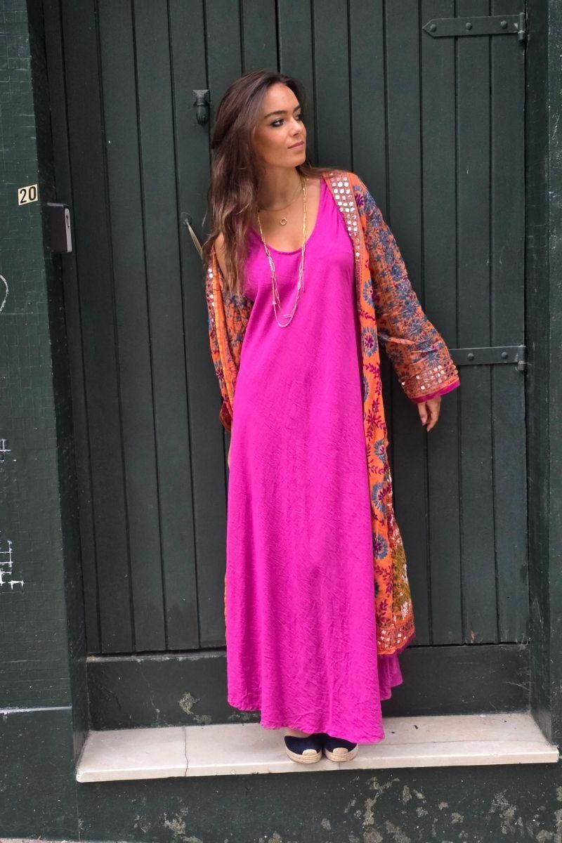 Kimono largo con espejitos naranja