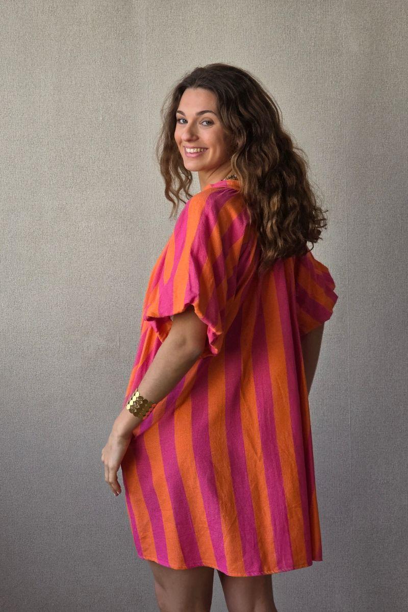 Vestido Manga Abullonada con Rayas Naranja
