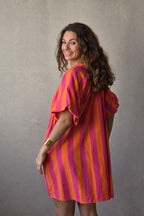 Vestido Manga Abullonada con Rayas Naranja