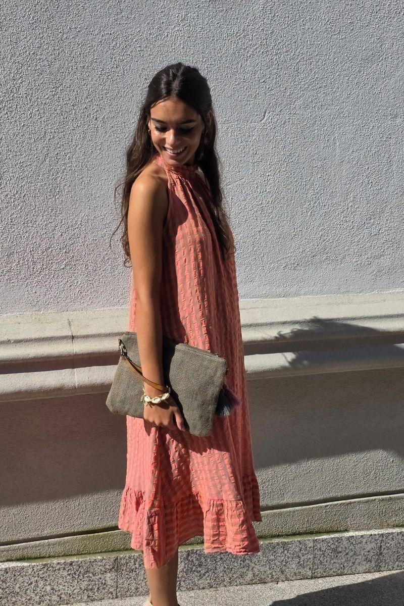 Vestido cuello halter de cuadros coral