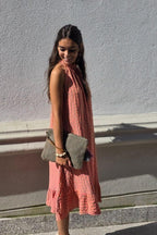 Vestido cuello halter de cuadros coral