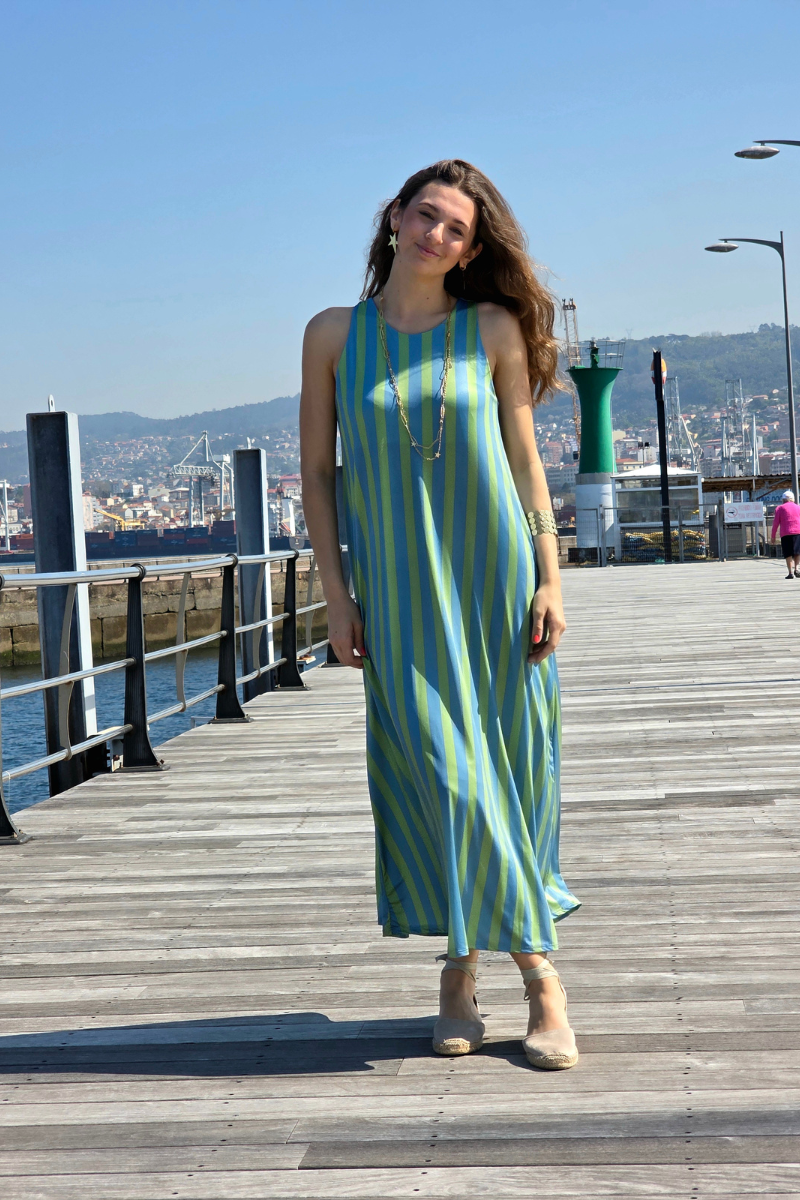 Vestido Largo de Rayas Verde elástico