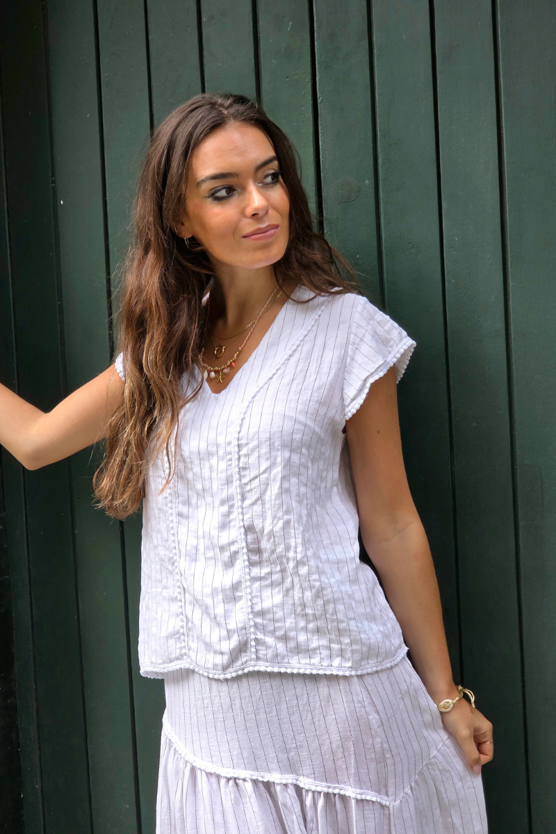 Blusa Rayas Blanca tipo lino