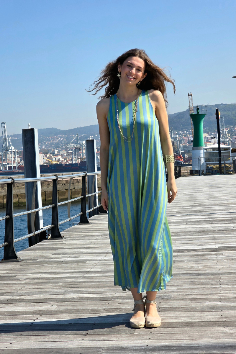 Vestido Largo de Rayas Verde elástico