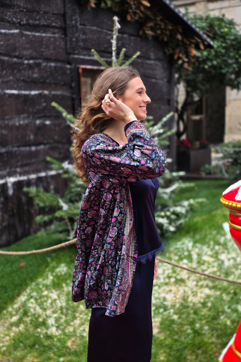 Kimono de terciopelo reversible azul marino