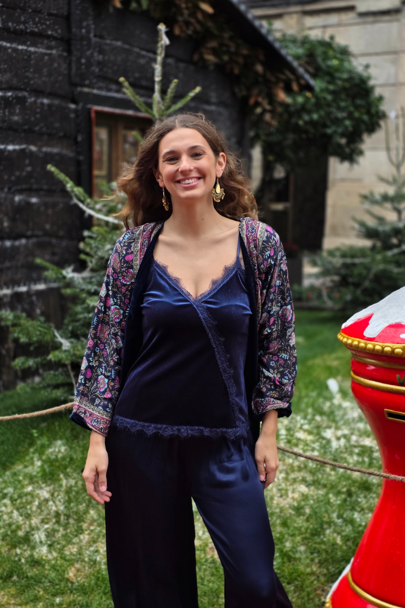 Kimono de terciopelo reversible azul marino