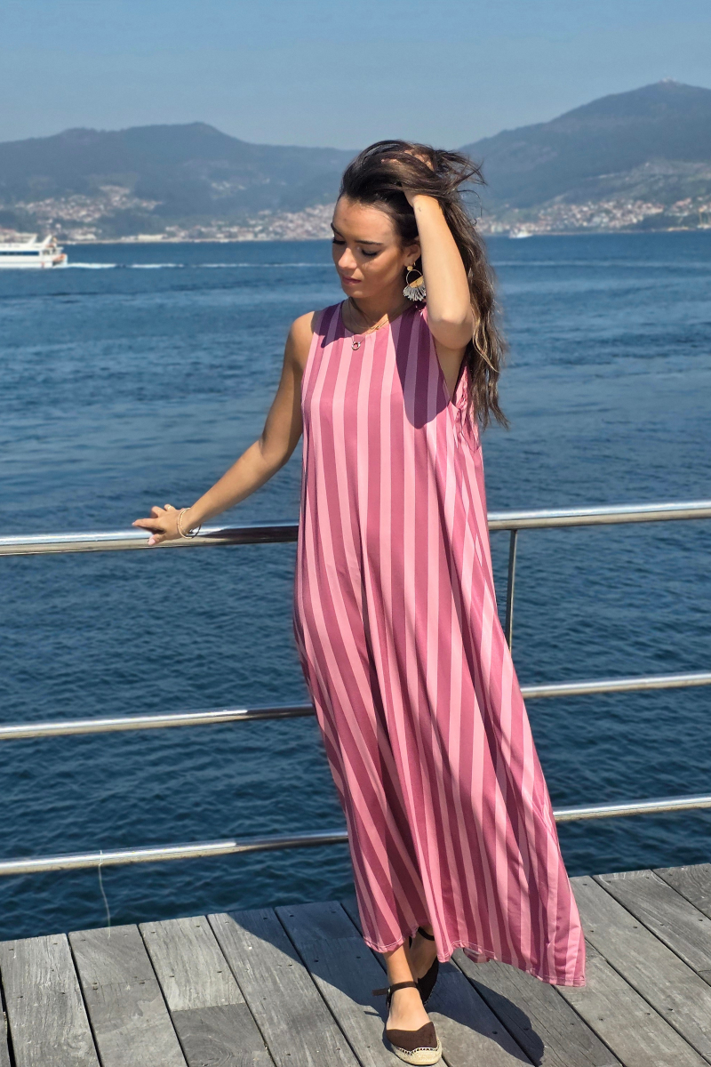 Vestido Elástico de Rayas Frambuesa