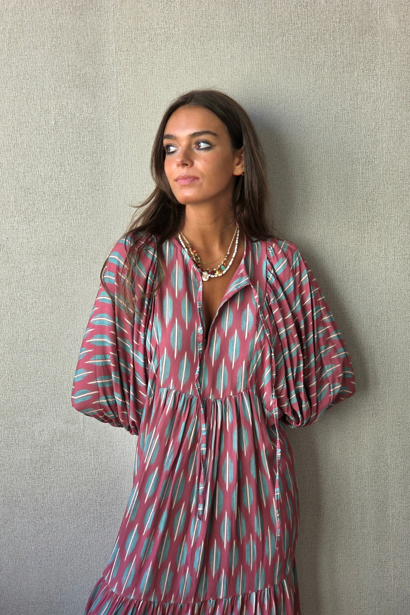 Vestido Mangas Abullonadas Estampado Rosa