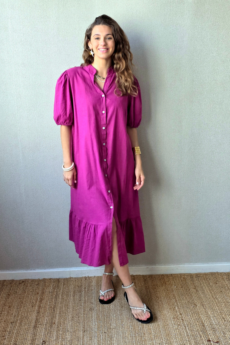 Vestido botones tipo lino magenta