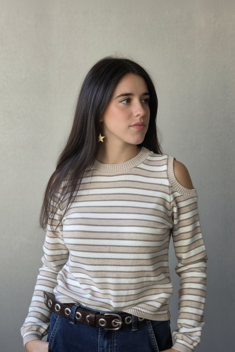 Jersey de rayas sin hombros beige