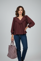 BLUSA ESCOTE PICO TIPO BAMBULA BERENJENA