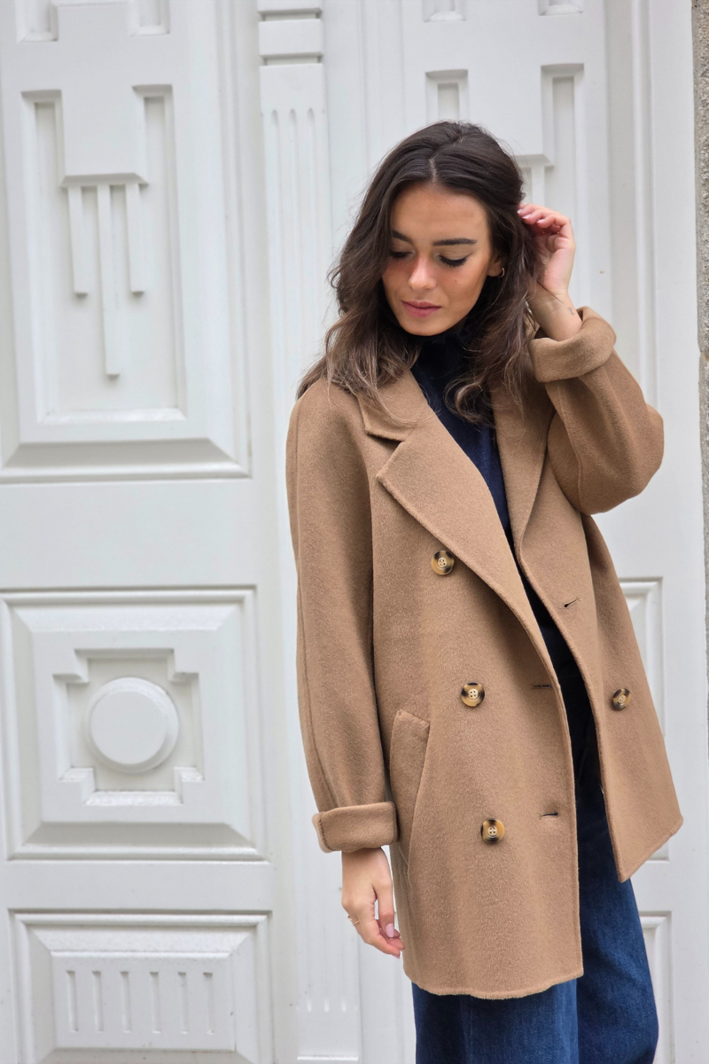 Abrigo de paño básico seis botones camel