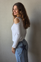 Camiseta Sin Hombros con Estrellas - Blanco