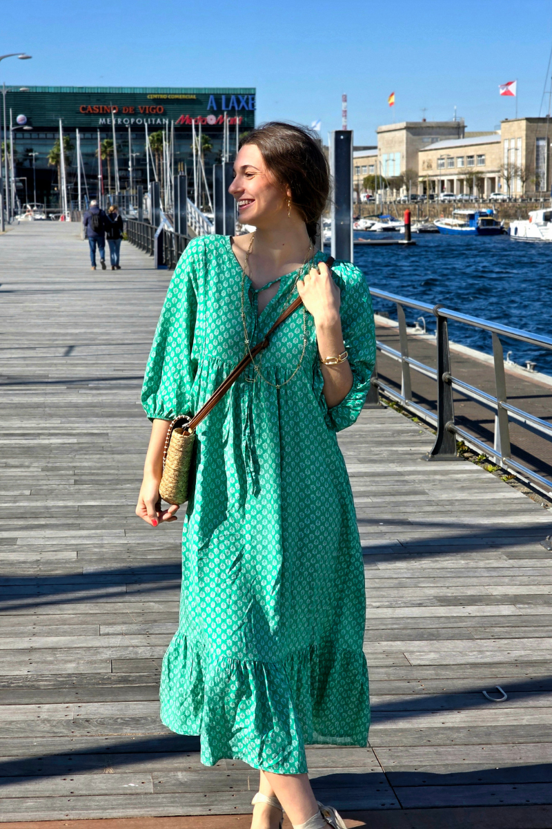 Vestido Largo Flores M. Globo Verde