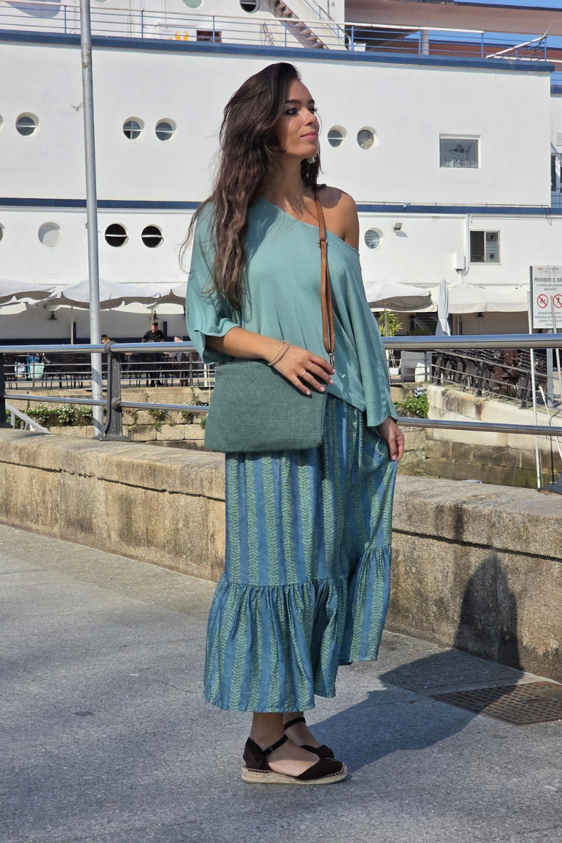 Falda Larga Estampado de Hojas Verde