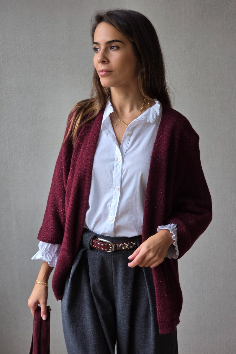 Chaqueta de punto tipo kimono brillos burdeos