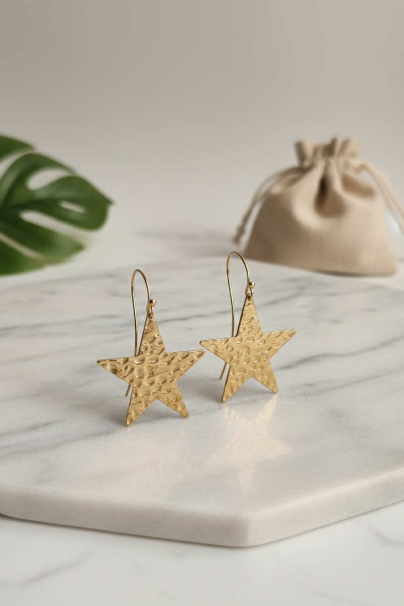 Pendientes acero estrella labrada dorado