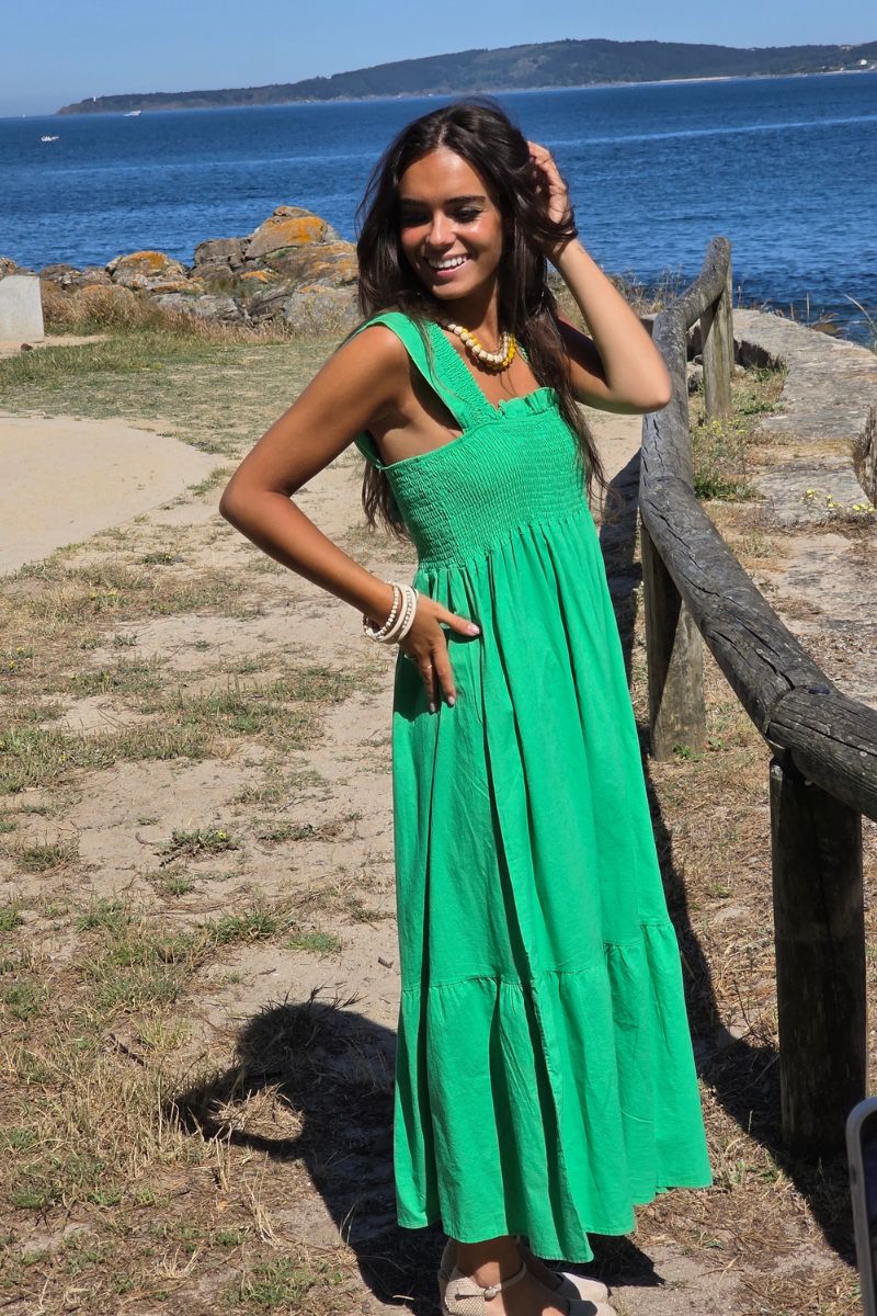 Vestido de tirantes nido de abeja verde algodón lino