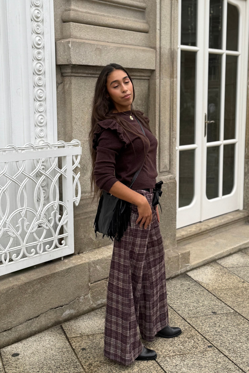 Pantalón palazzo cuadro berenjena