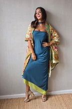 Vestido reversible azul índigo/lima