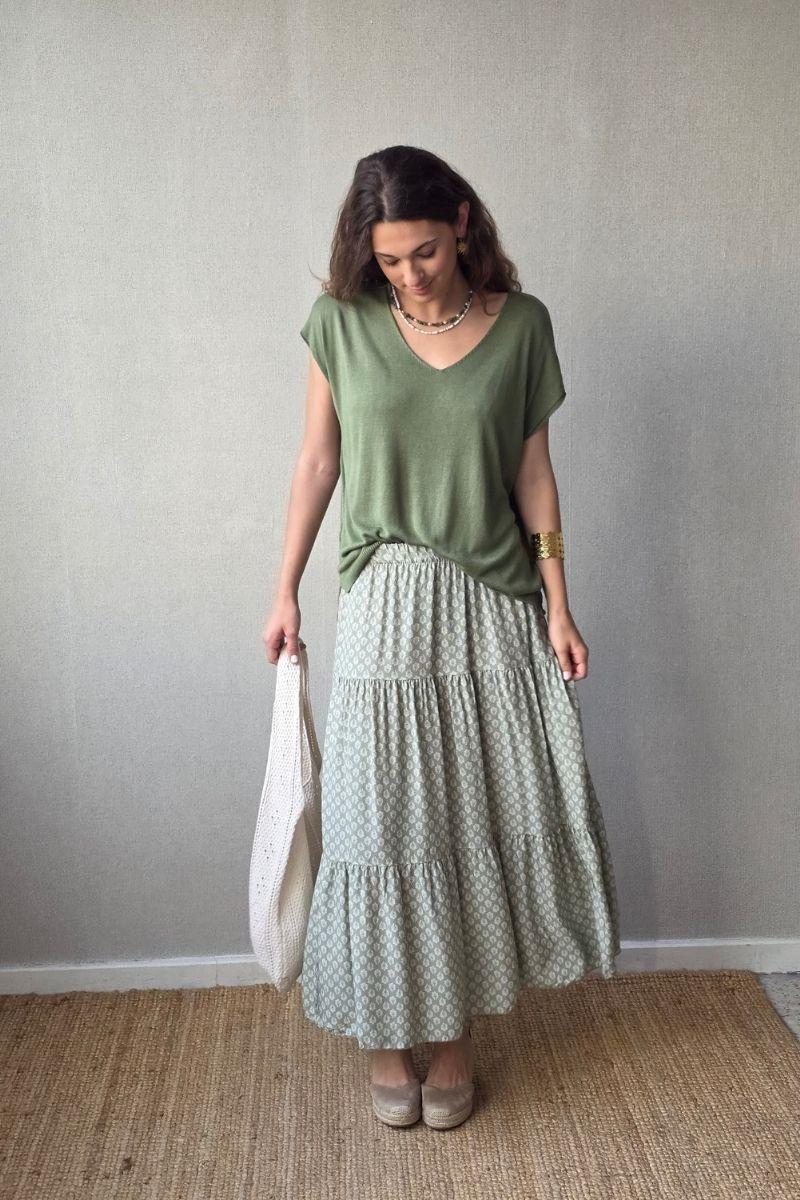 Falda estampado de flores con volantes salvia