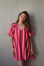 Vestido de mujer manga abullonada con rayas rosa