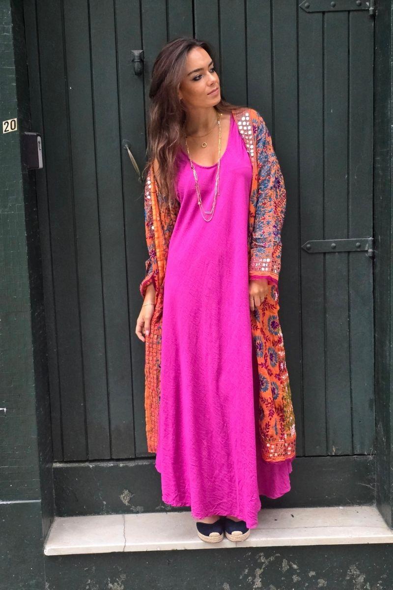 Kimono largo con espejitos naranja